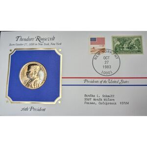 🇺🇸 Theodore Roosevelt Commemorative Medal & Envelope – 24kt Gold Electroplated